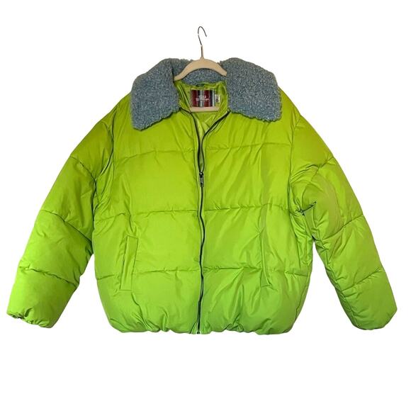 Urban Outfitters | Size L Duckie Faux Shearling Collar Puffer Jacket Lime Green - Picture 2 of 7